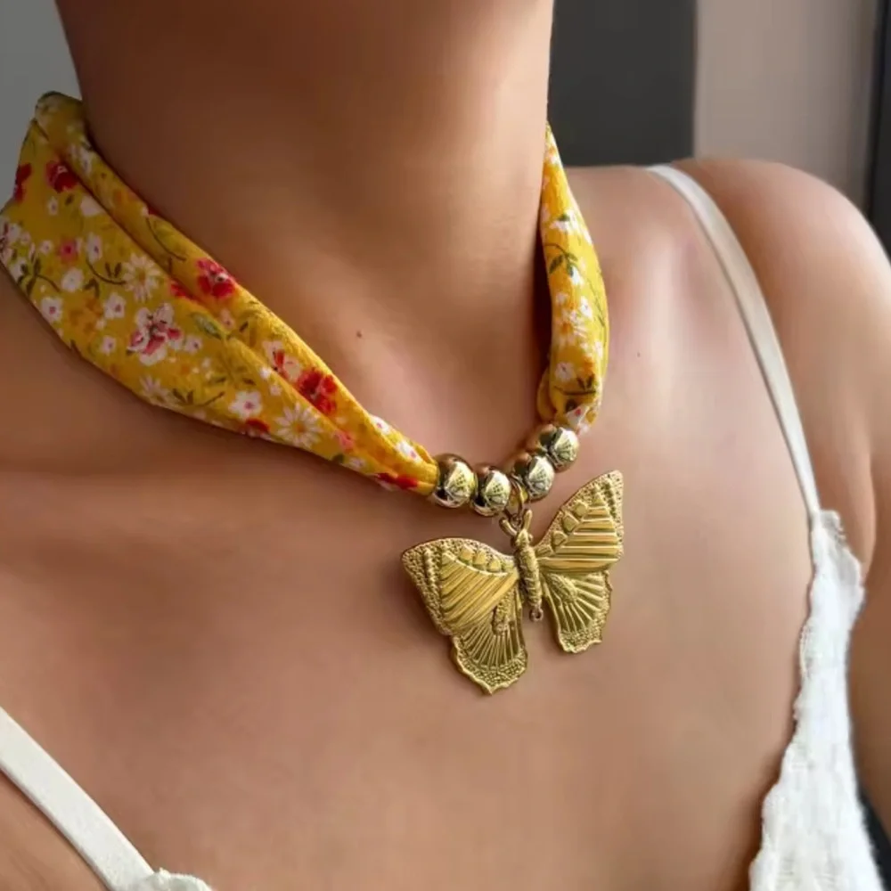 Golden Butterfly 18K Gold Stainless Steel Floral Scarf Choker Necklace - Picture 6 of 11